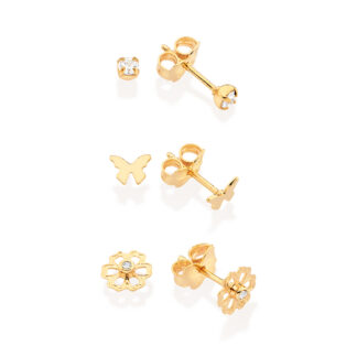 Kit brinco borboleta, flor e solitário banhado a ouro 18k com zircônias 527229 Rommanel