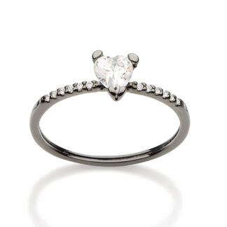 Anel Rommanel Solitário Coração Banhado Rhodium Negro 410014