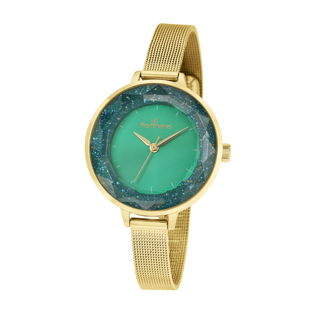 Relógio Analógico Social Dourado Com Mostrador Verde 650049 Rommanel