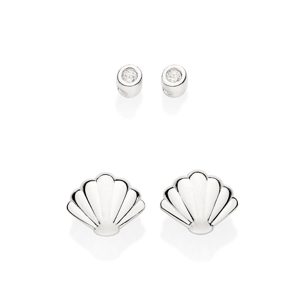 Kit brinco 820163 solitário e concha de prata 925 com zircônias Rommanel
