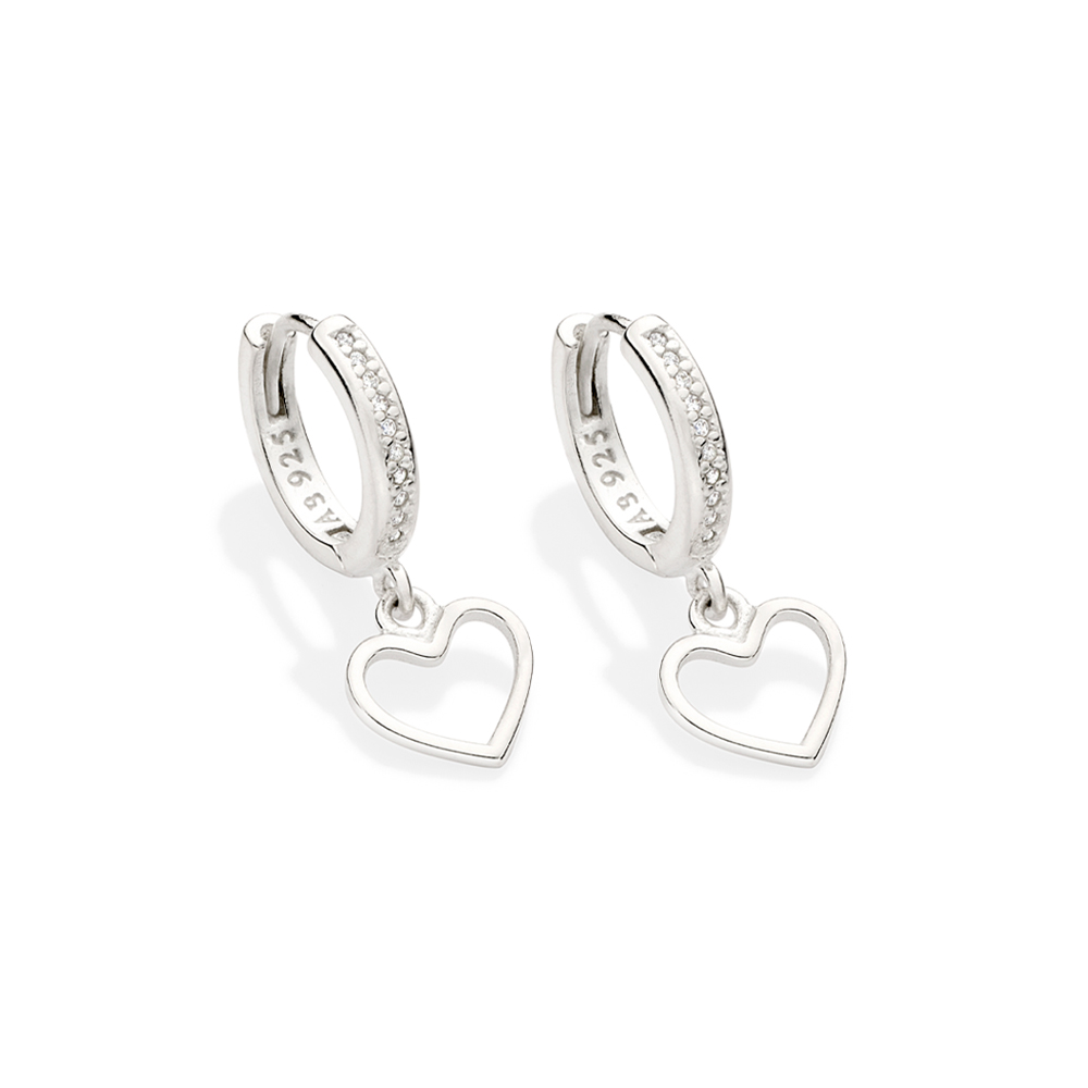 Brinco 820165 Argola com Coração Pendurado de Prata 925 com zircônias Rommanel