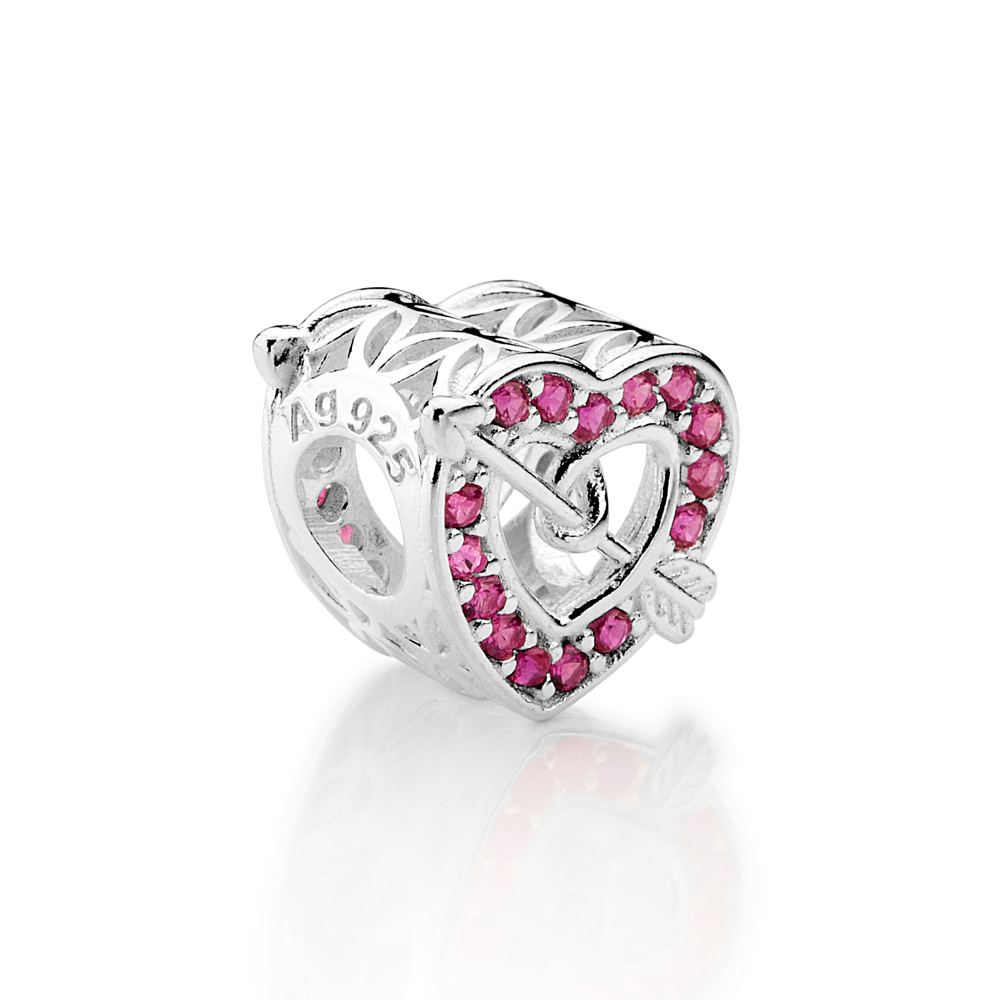 Berloque passante coração com flecha e zircônias de prata maciça 925 Rommanel 840237